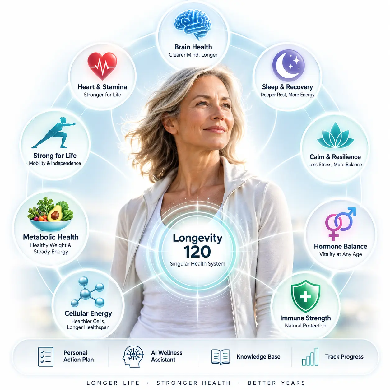 Longevity120 connected healthspan system showing linked domains, personal action plan, wellness assistant, knowledge base and progress tracking