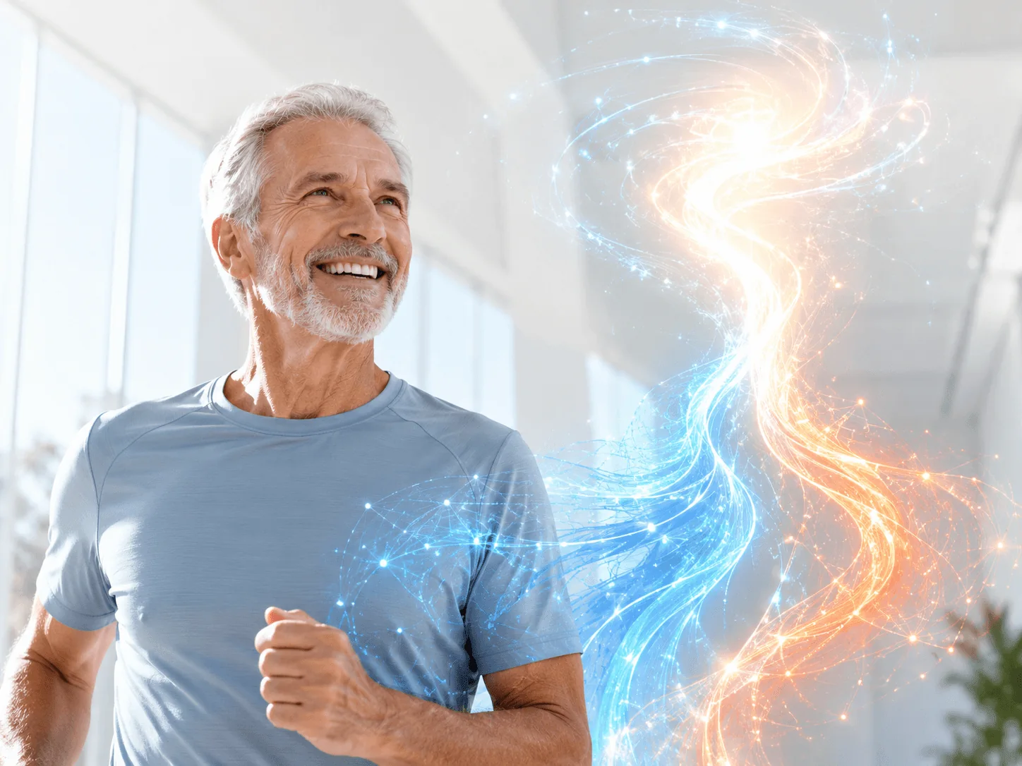 Active older adult with a conceptual blue and amber visualization of interconnected biological energy