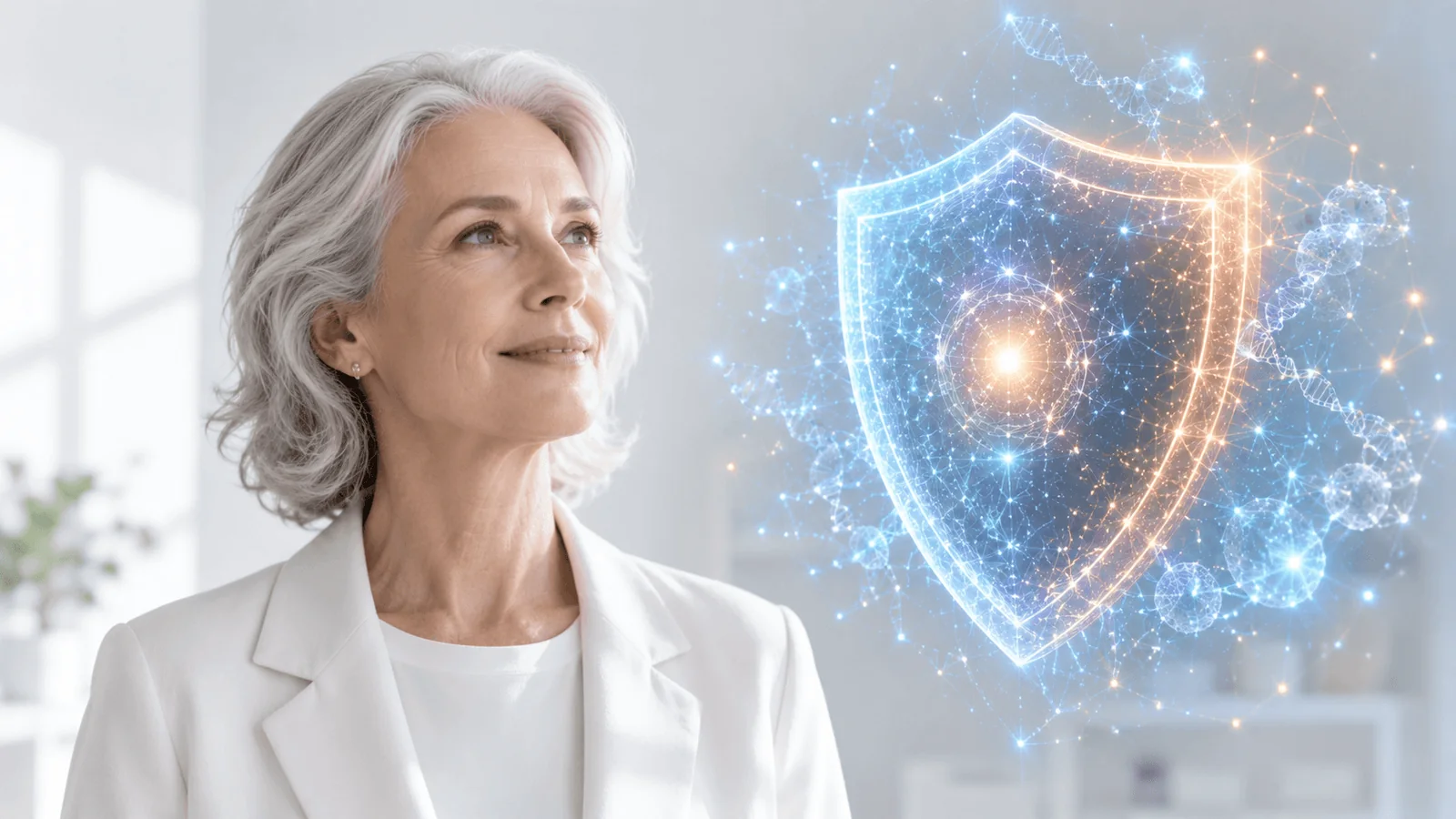 Conceptual visualization of an older adult and a protective scientific shield