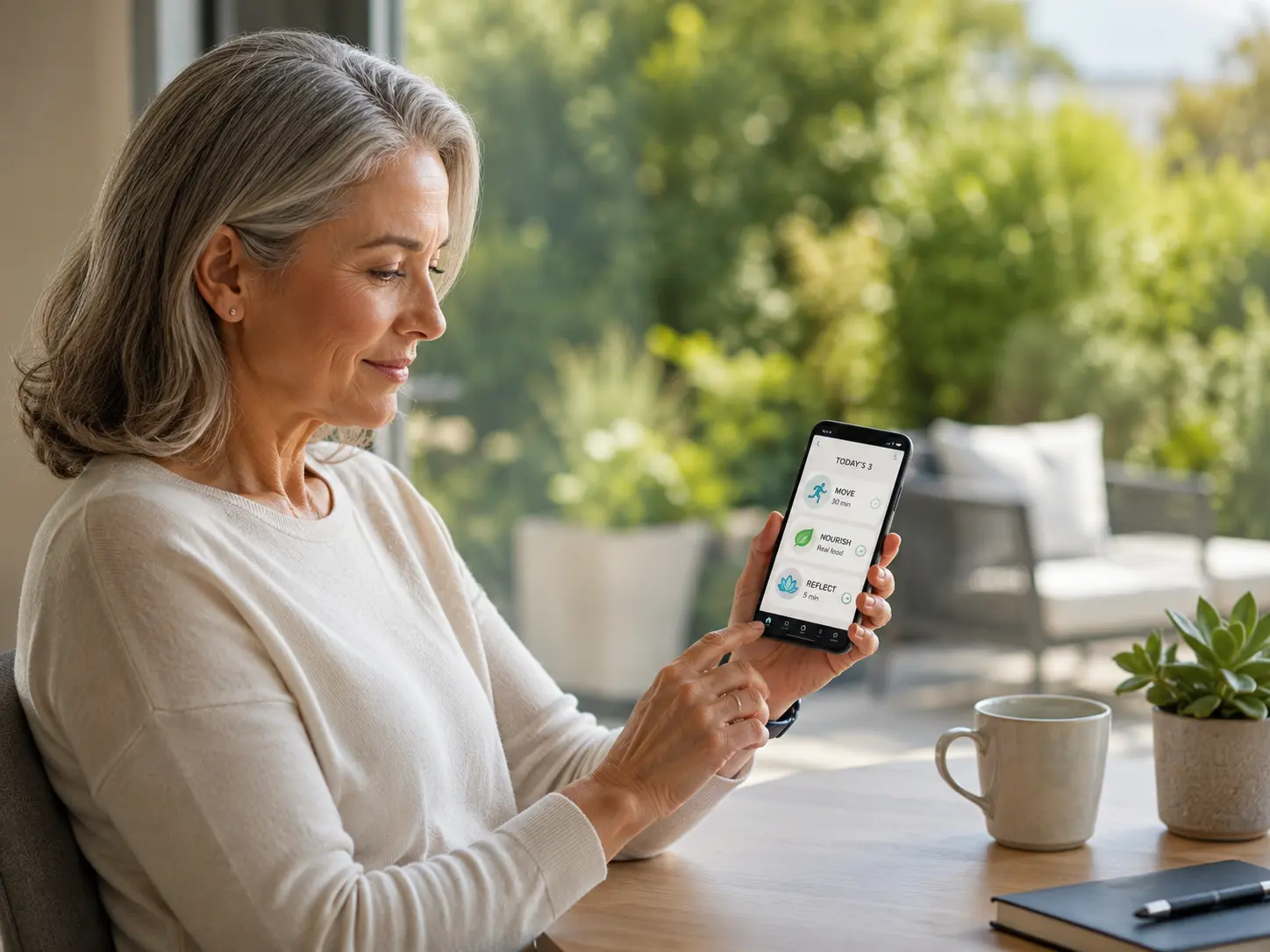 Adult over fifty using the Longevity120 Today's 3 daily action interface on a phone